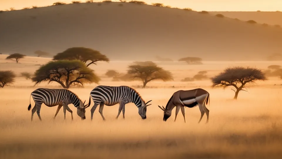Two zebras and an antelope grazing in golden grass