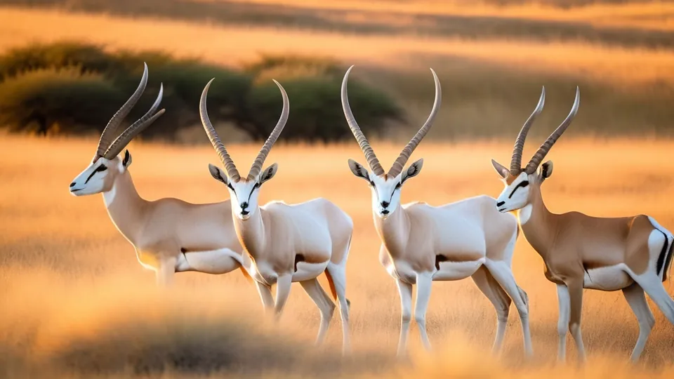 Four pale antelope with long curved horns in tall golden grass