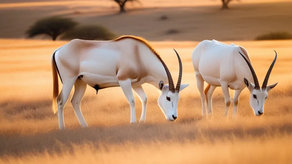 Two white oryx grazing in dry golden grass