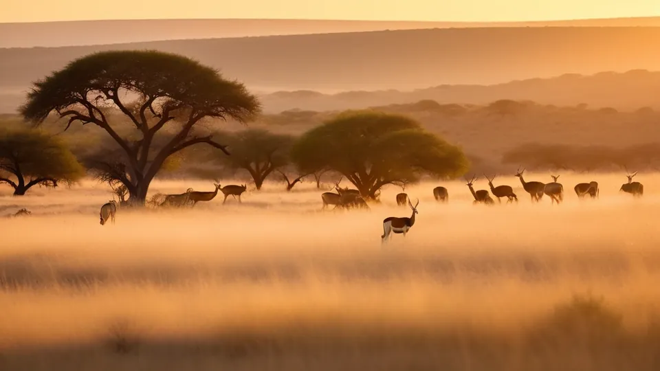 A herd of small antelope grazing in golden grass