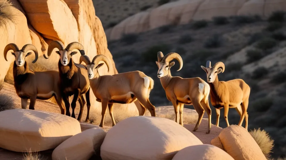 Five curl-horned rams on sandstone boulders
