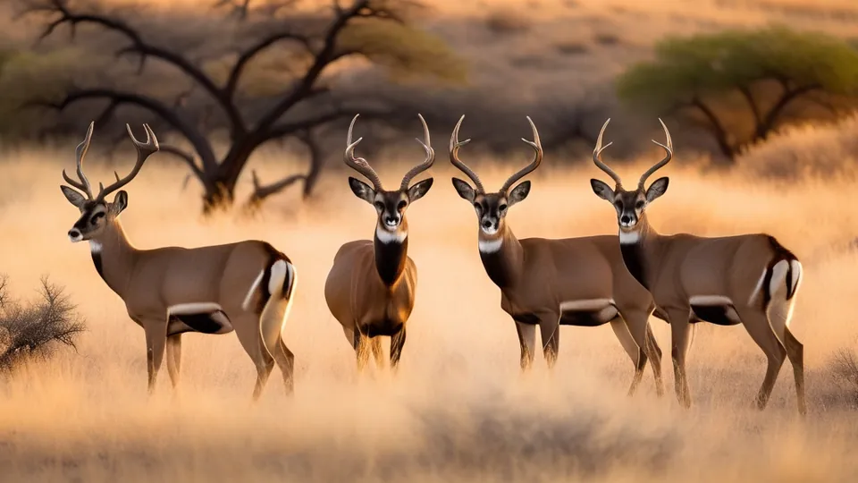 Four antlered bucks in dry brush