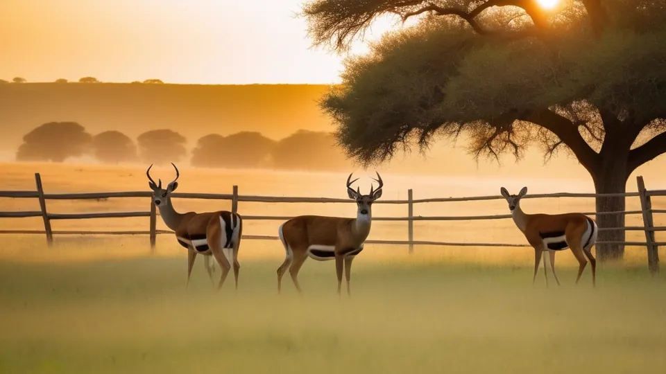 Three small antelope in a pasture beside a ranch fence